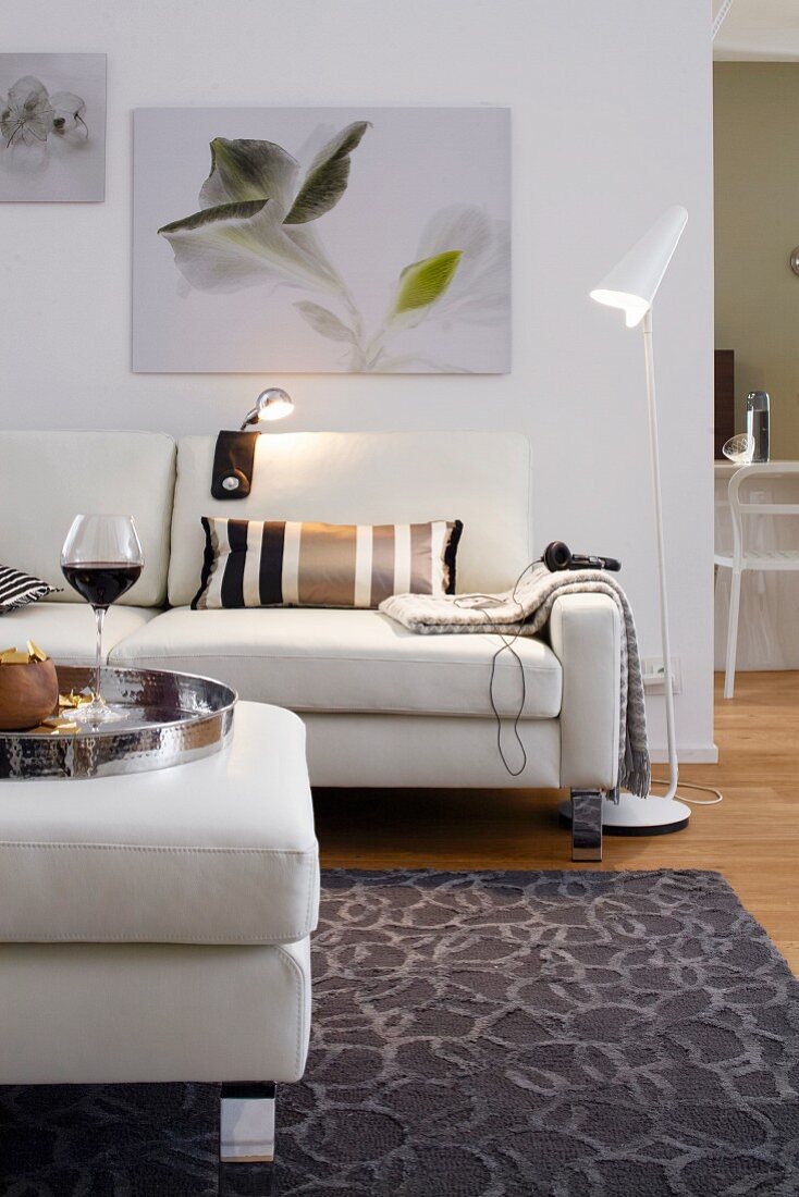 A living room decorated in light tones with a sofa, a floor lamp and pictures on the wall