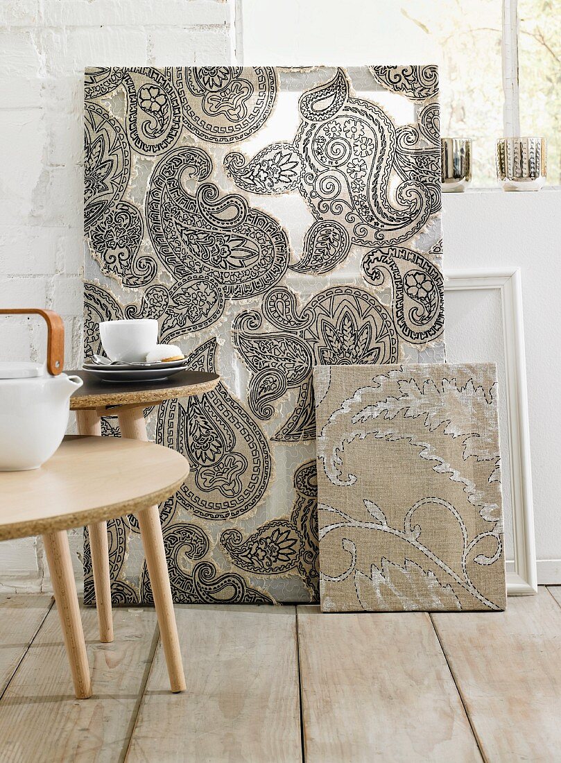 Hand-crafted, paisley-patterned fabric artworks