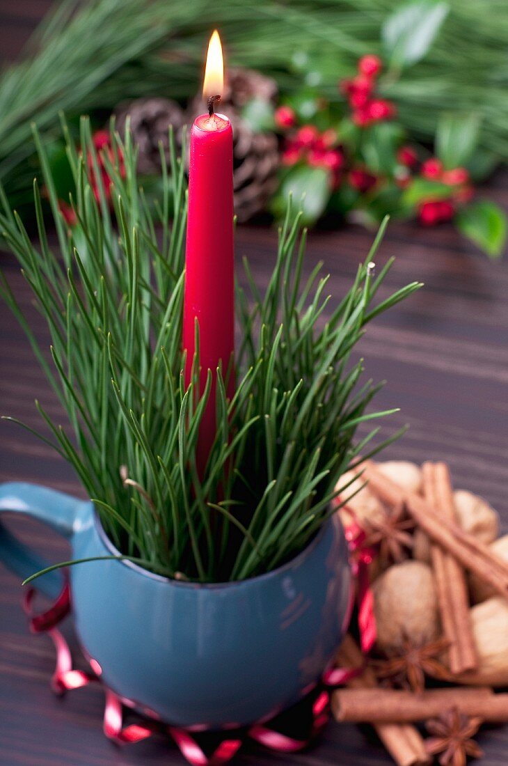 Rote Kerze mit Kiefernzweig in einer blauen Tasse