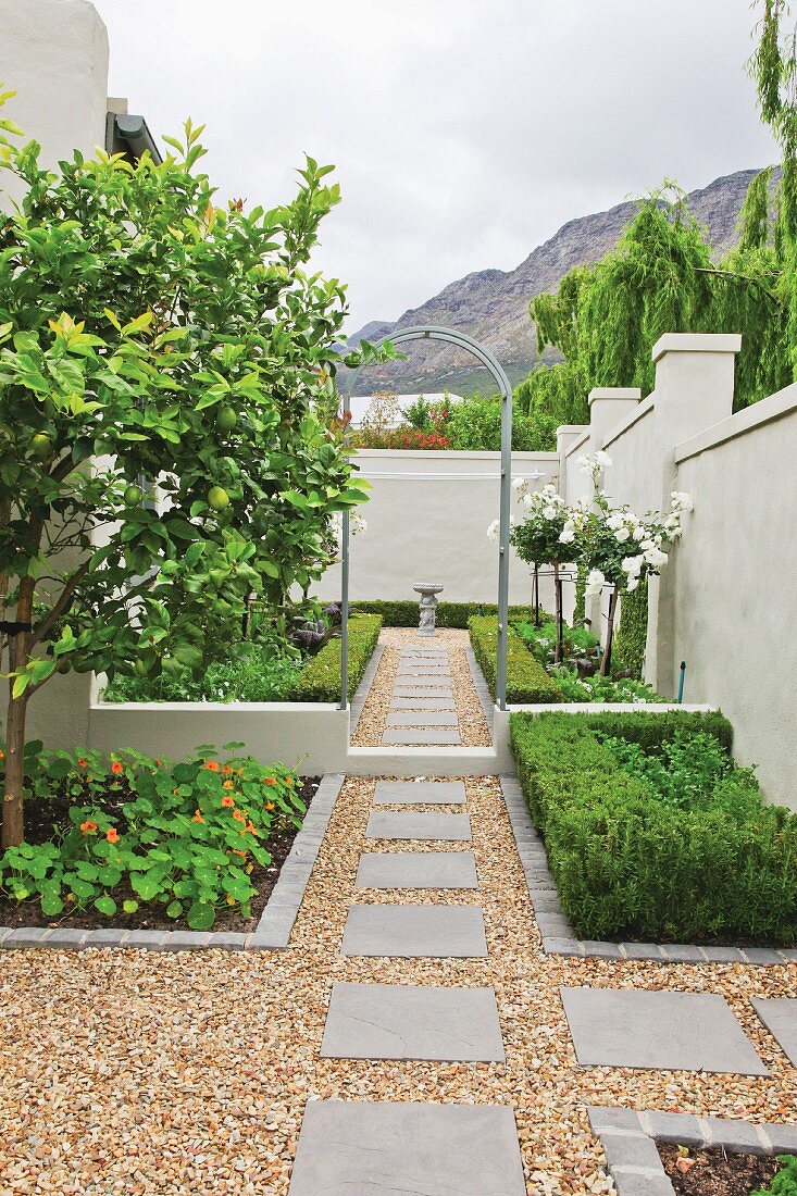 Mauer um geometrisch angelegten Garten mit Hecken und einem Zitronenbaum
