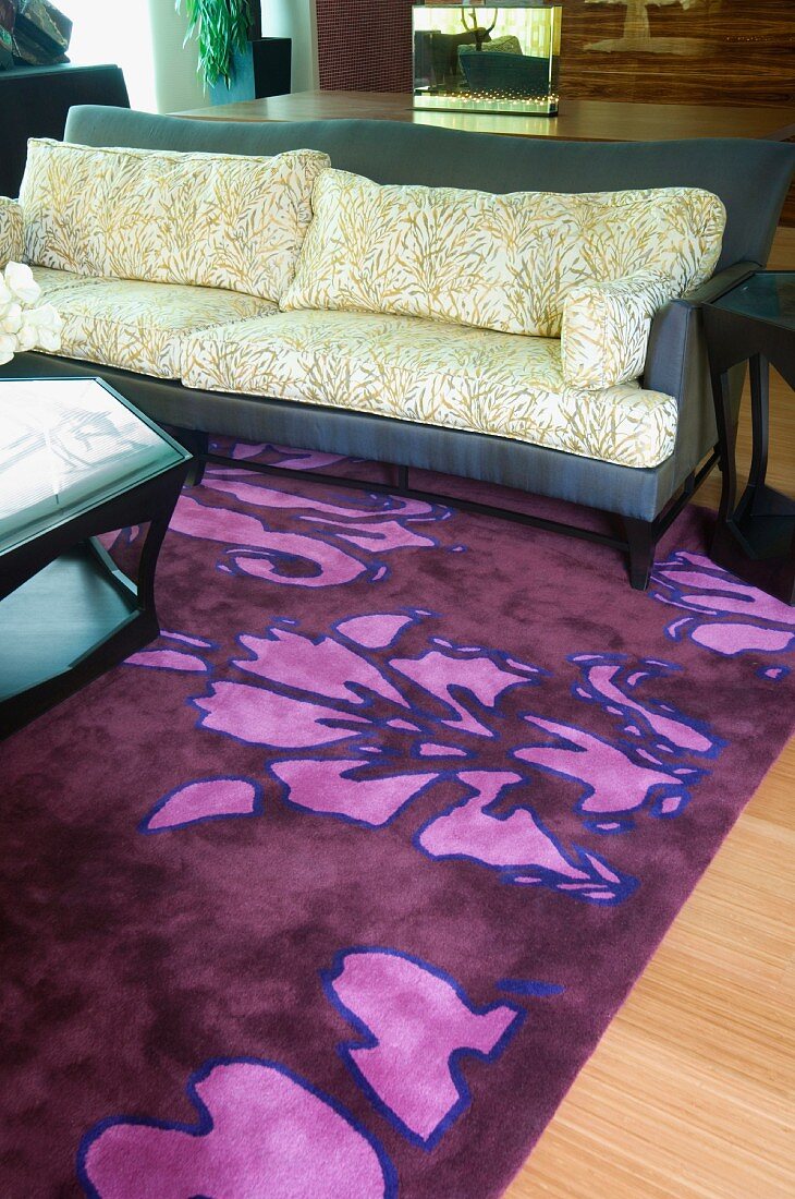 Detail sofa on purple area rug