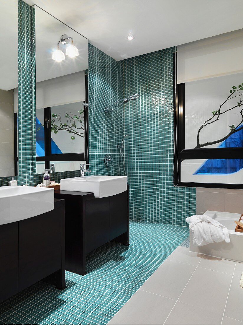 Modern bathroom with mosaic tile shower