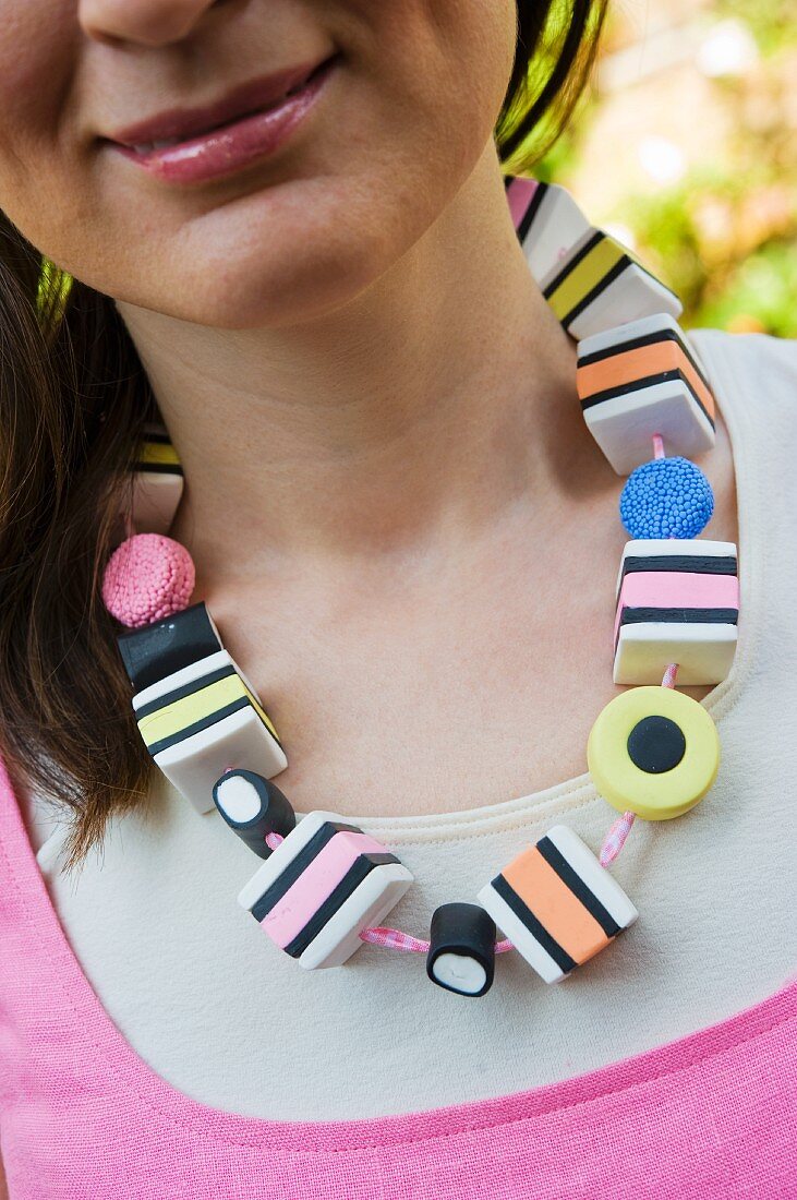 Cute necklace of modelling clay liquorice allsorts