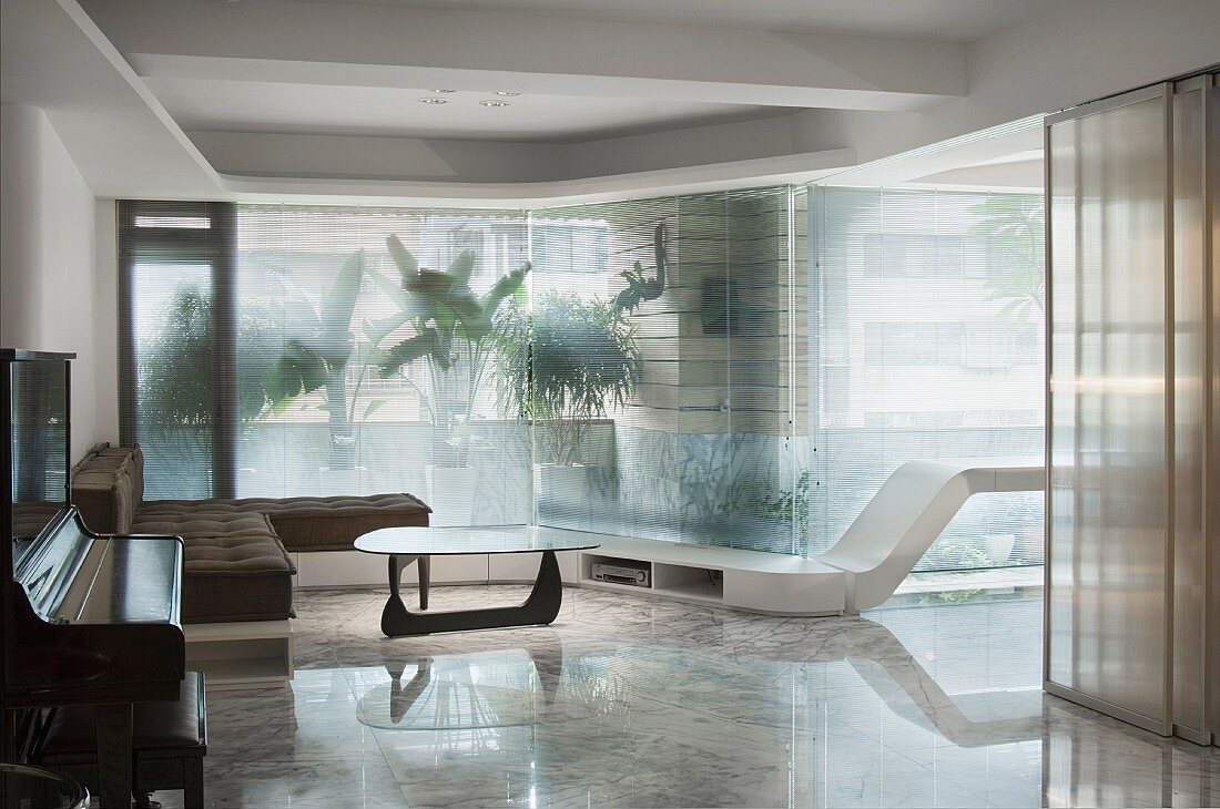 Modern living room with marble floors