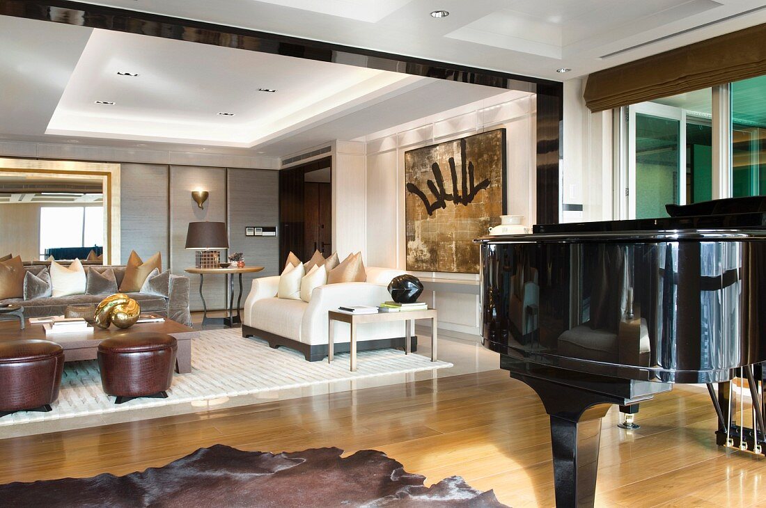 Baby grand piano in living room