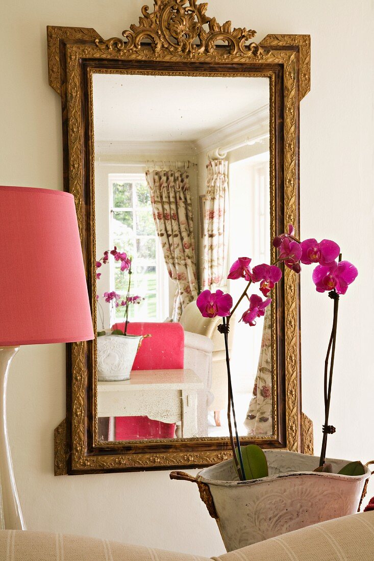 Reflektion eines hellen Landhaus-Wohnzimmers im Spiegel mit antikem Goldrahmen; rosefarbener Lampenschirm und Orchideenblüte im Vordergrund: feminines Ambiente