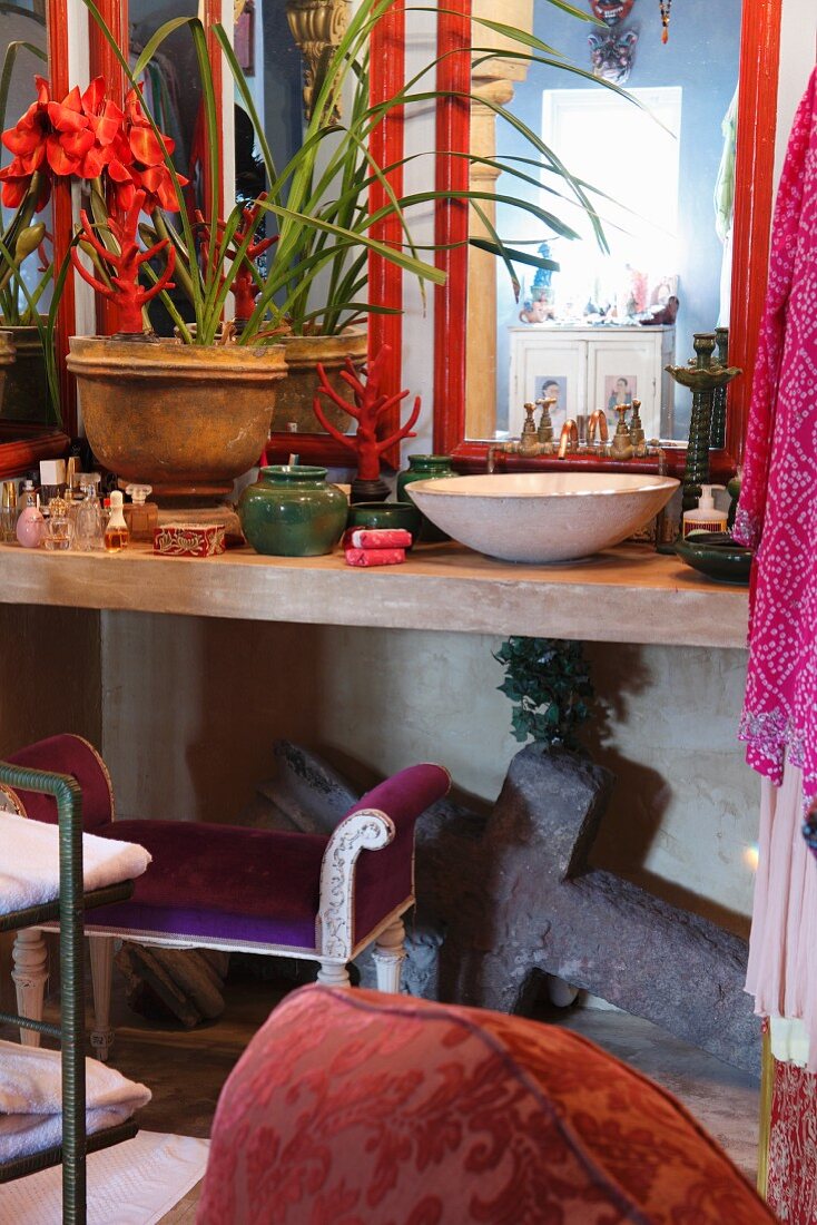 Wash basin, house plants and bottles of cosmetics on concrete counter in bathroom