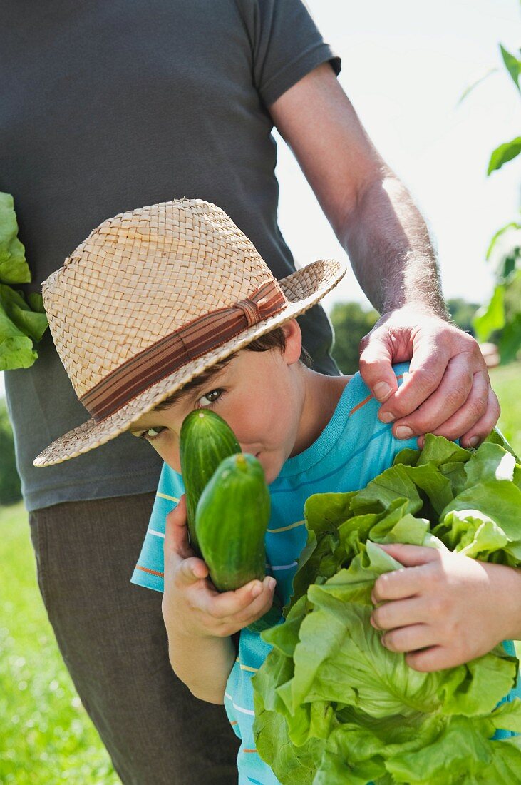 A boy standing in a vegetable garden with his grandfather holding lettuce and cucumbers