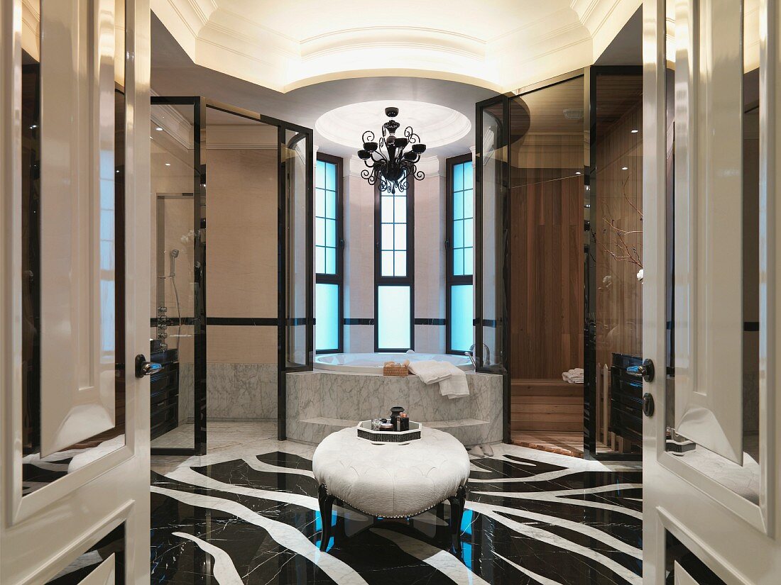 Elegant bathroom with zebra patterned marble floor