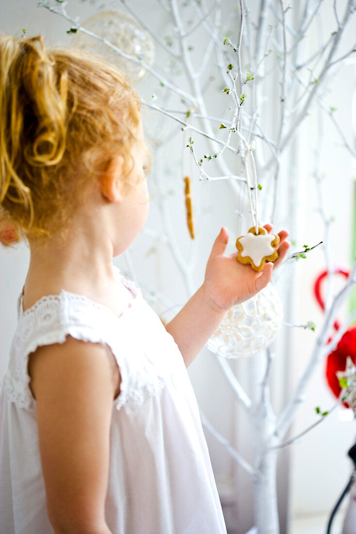 Kleines Mädchen betrachtet Weihnachtsplätzchen auf einem Baum
