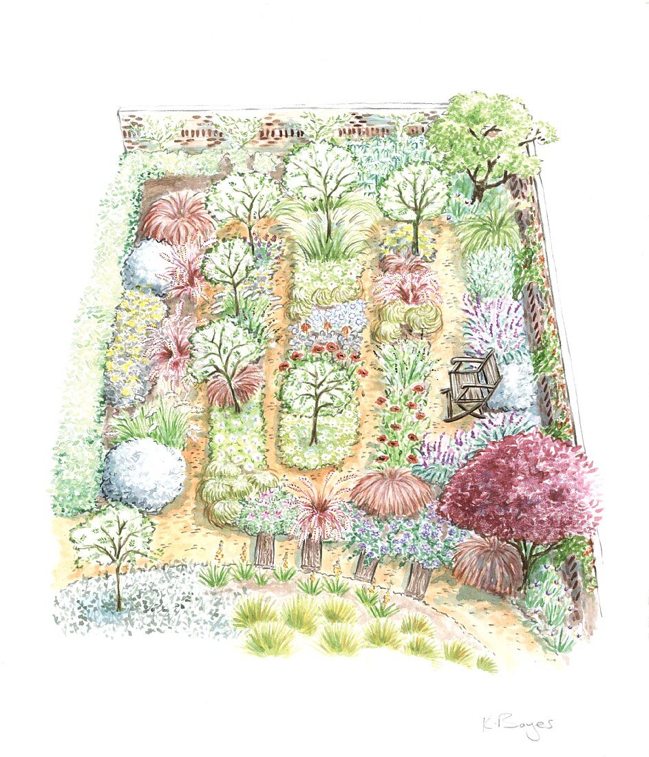 Entwurf für einen Garten mit den unterschiedlichsten Zierpflanzen und Bäumen