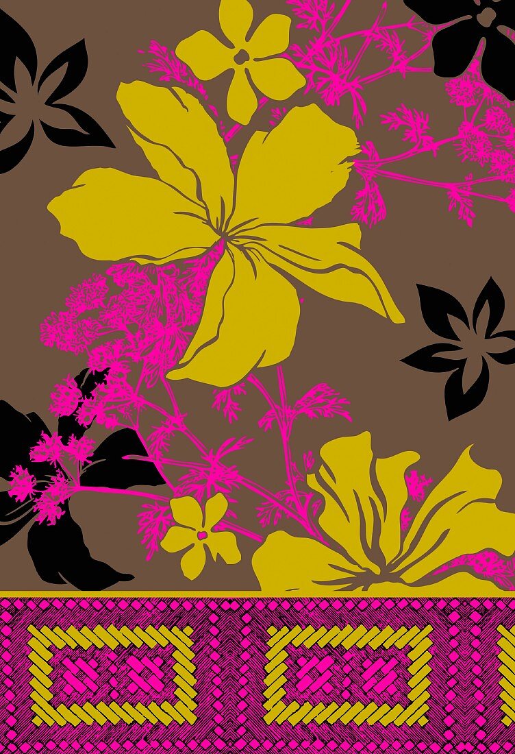 Tropenblumen in Olivgrün und Rosa auf hellbraunem Hintergrund (Illustration)