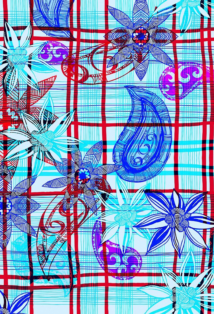 Blumen und Paisleyformen auf Plaidstoff (Illustration)
