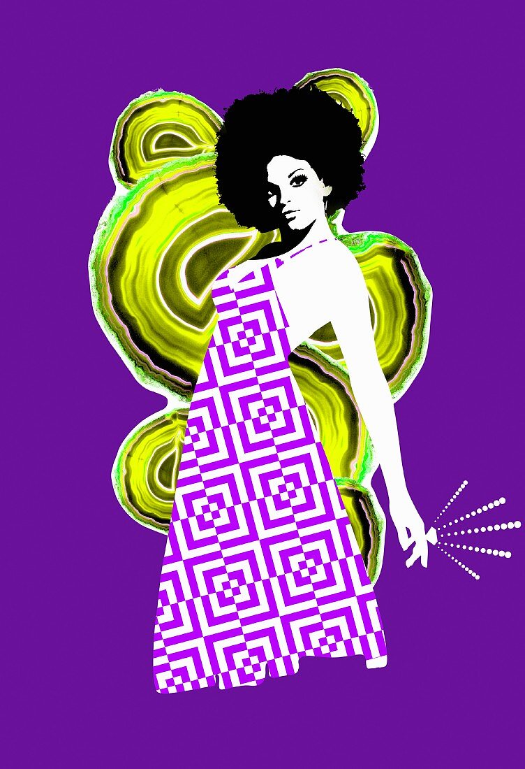 Discodesign mit Afrikanerin auf lila Grund (Illustration)