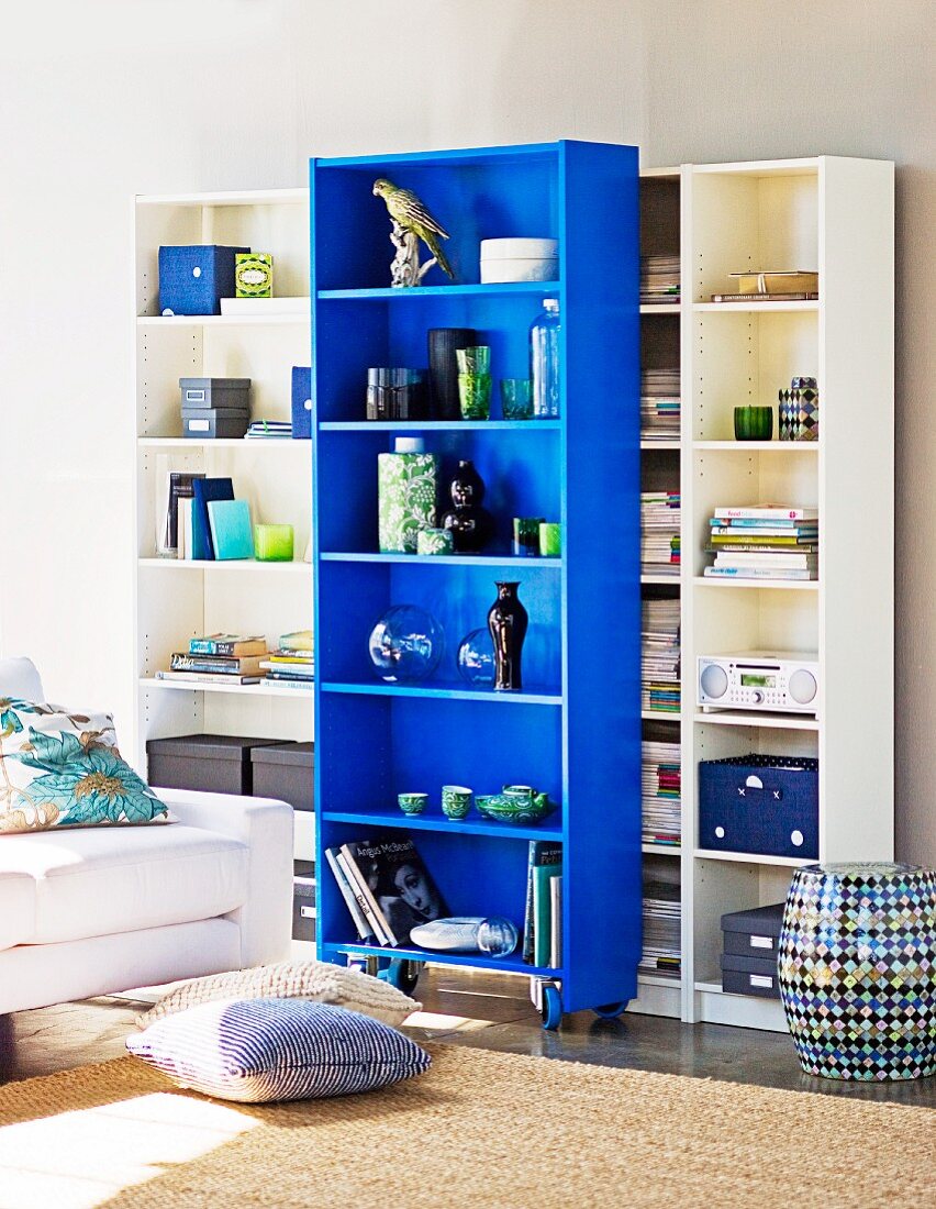 Shelving units with blue element on castors and cushions on floor in front of partially visible sofa