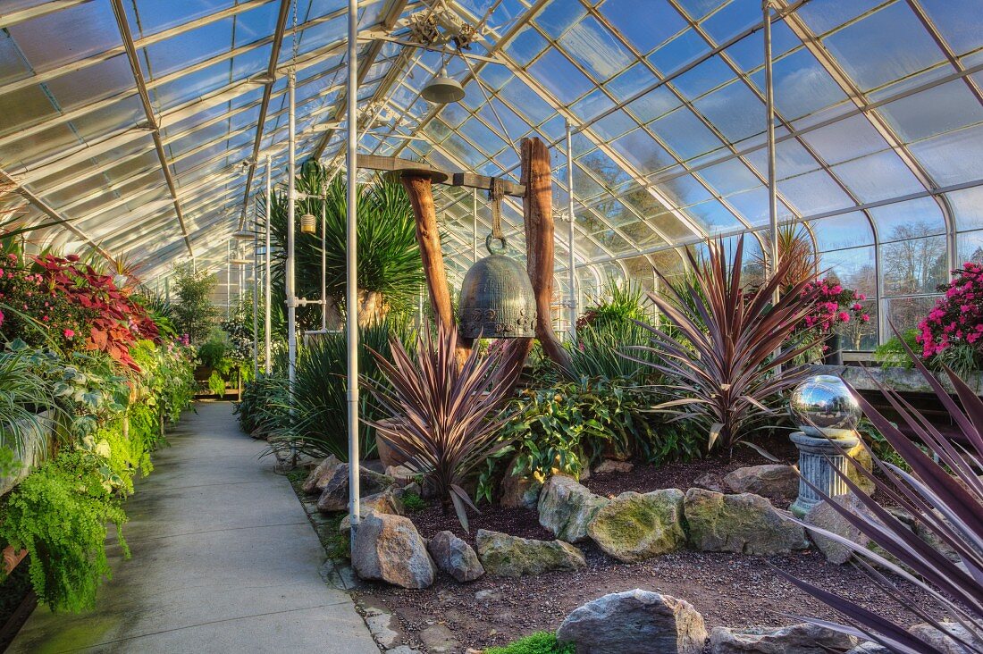 Künstlich angelegter Garten mit tropischen Pflanzen im Gewächshaus (Volunteer Park Conservatory, Seattle)