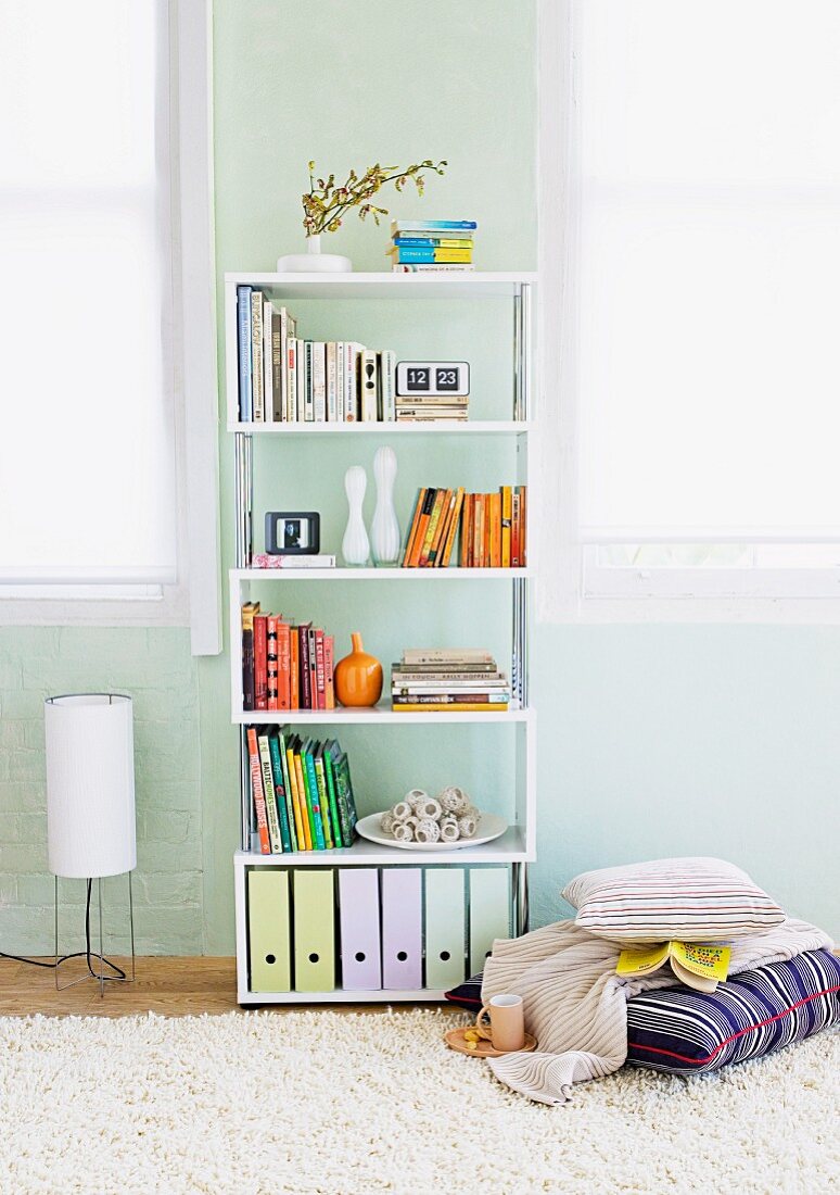 Books and box files on modern shelves against pastel blue wall and stack of cushions on flokati rug