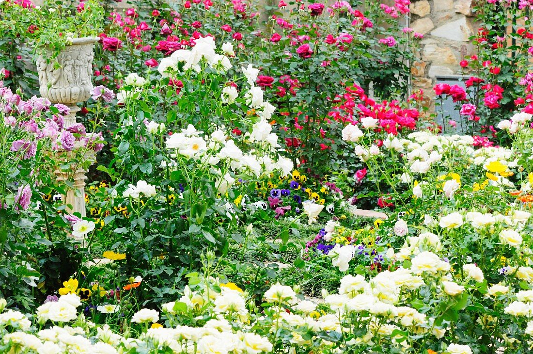 Greek planter on pillar in luxuriantly flowering garden