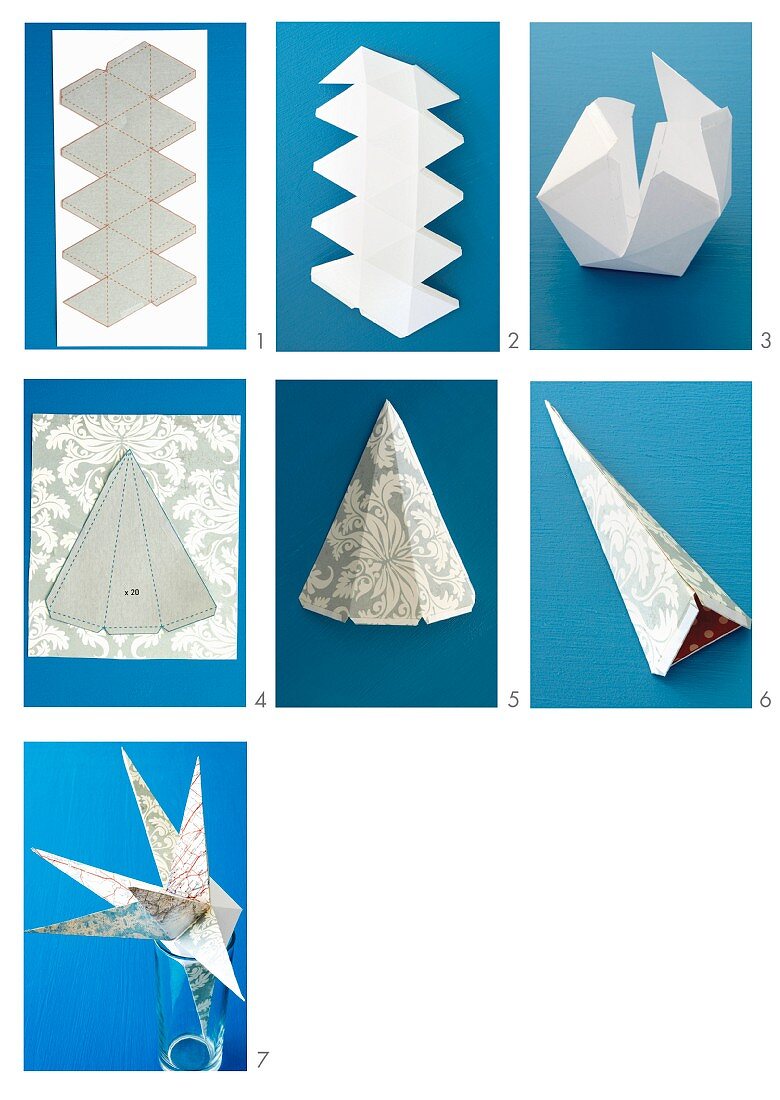 Bastelanleitung für einen Stern aus Pappe und dekorativ bedrucktem Papier als moderner Weihnachtsschmuck
