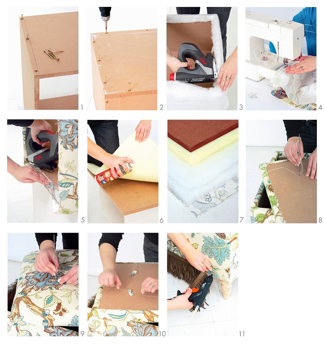 Construction and upholstery instructions for making a romantic bedroom ottoman with storage space