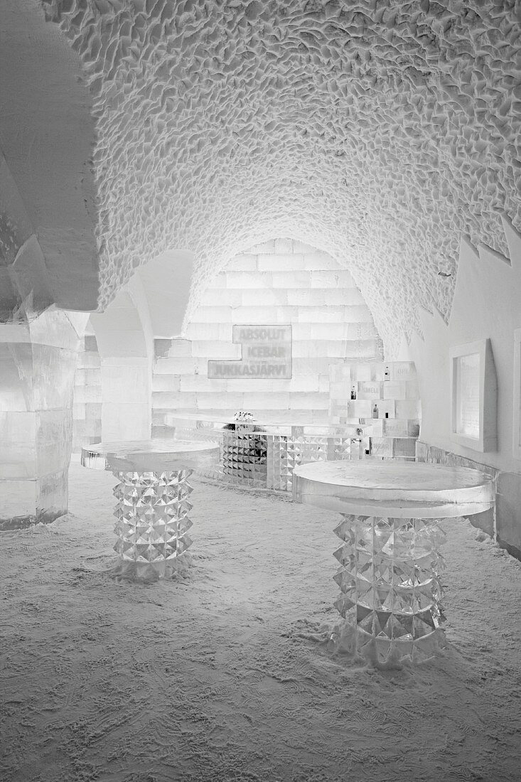 Interior and furniture in building made of ice
