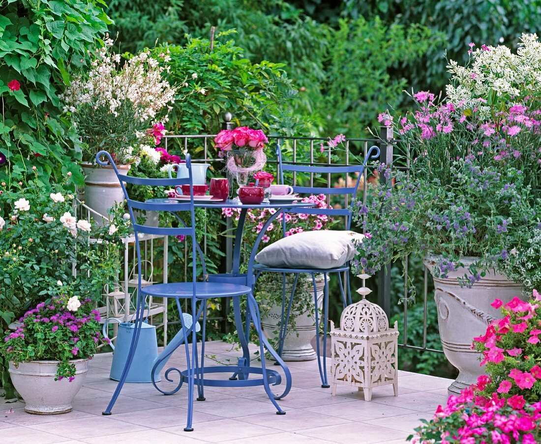 Flowering plants in deep pink, rose and white on balcony with delicate furniture