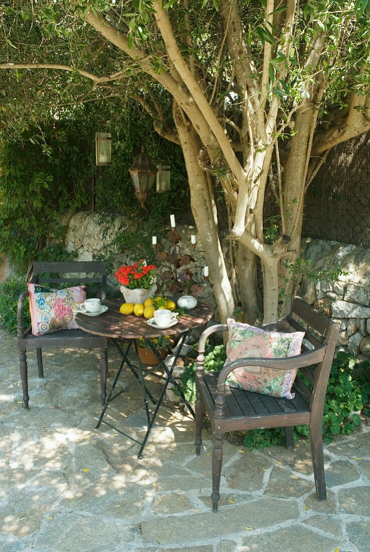 Vintage garden chair and table in front of tree on stone-flagged terrace