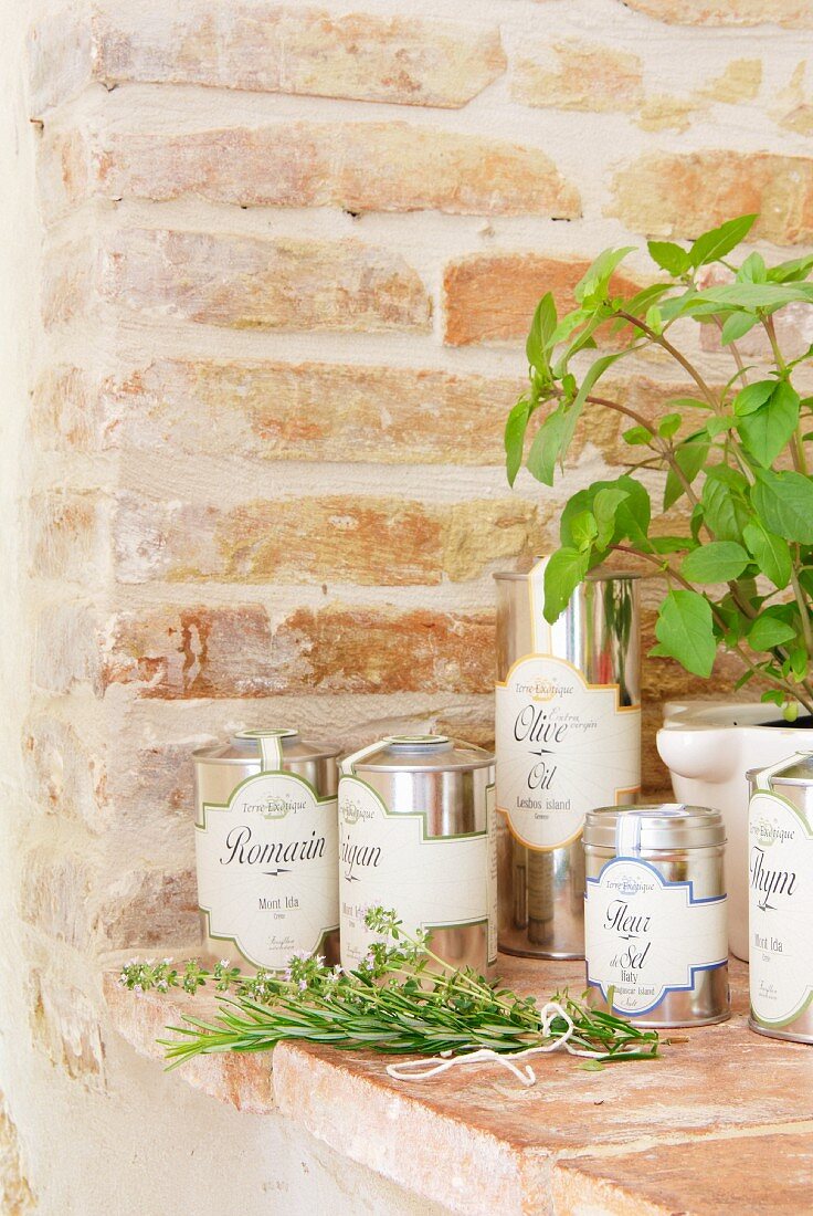 Mediterranean herbs & olive oil in metal cans on masonry shelf in Château Maignaut (Pyrenees, France)