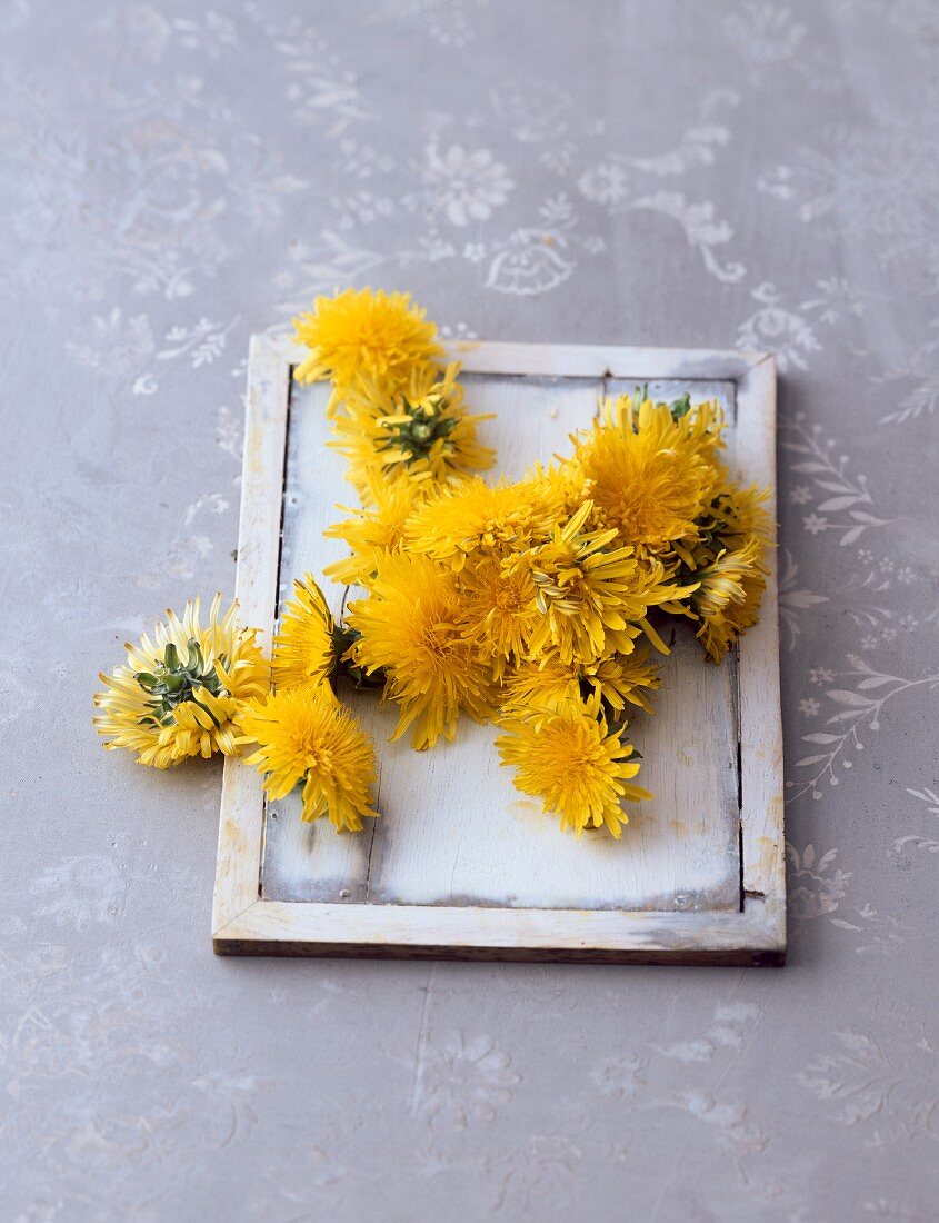 Dandelion flowers on wooden tray