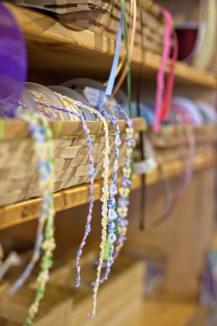 Various trims and ribbons in craft shop