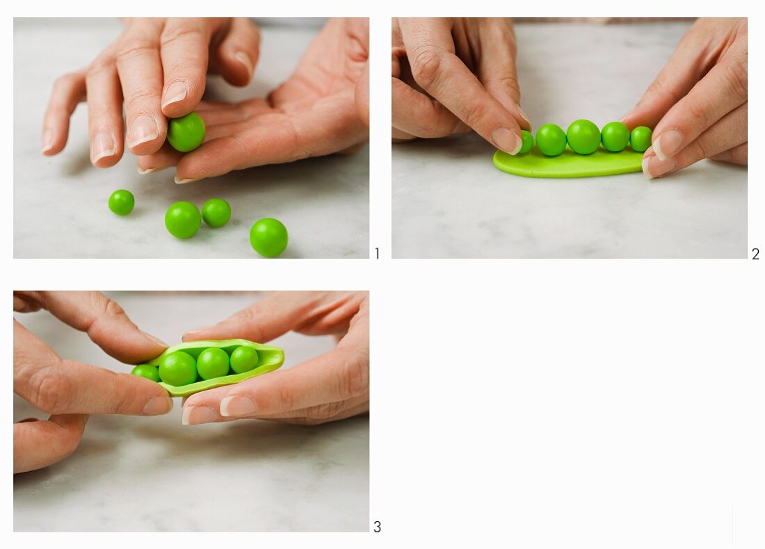 Split-open pods of peas being crafted out of modelling clay
