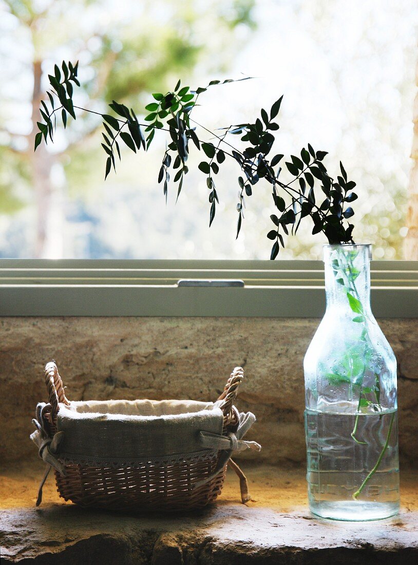 Leafy twig in glass bottle and linen-lined wicker basket on masonry window sill