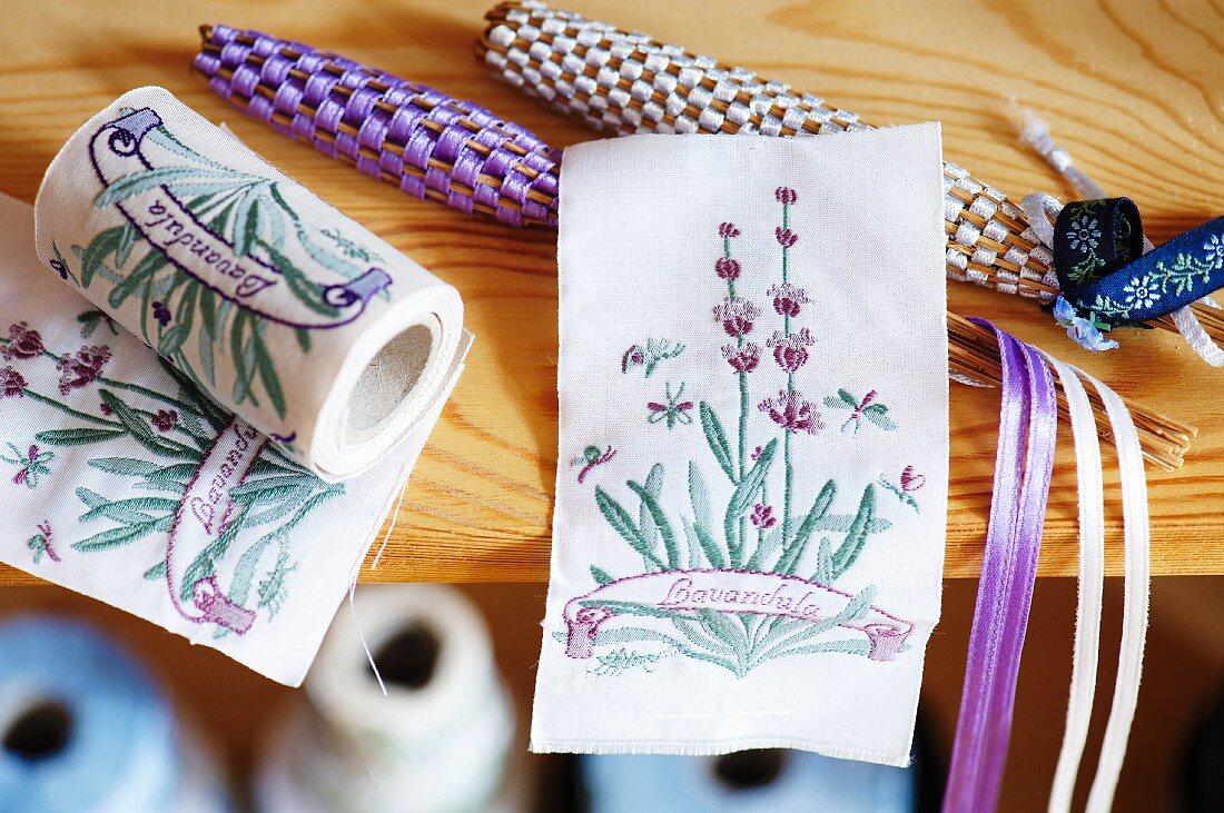 Scented lavender bundles and fabric ribbon with lavender embroidery