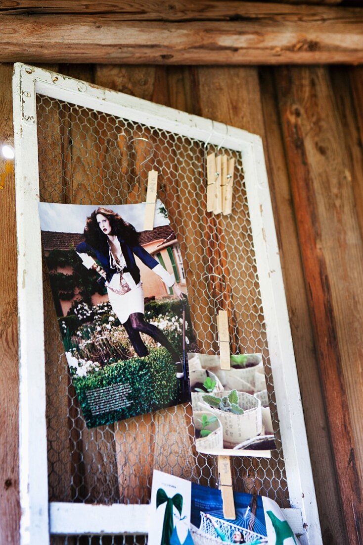 Old rabbit hutch door used as pinboard for collection of pictures