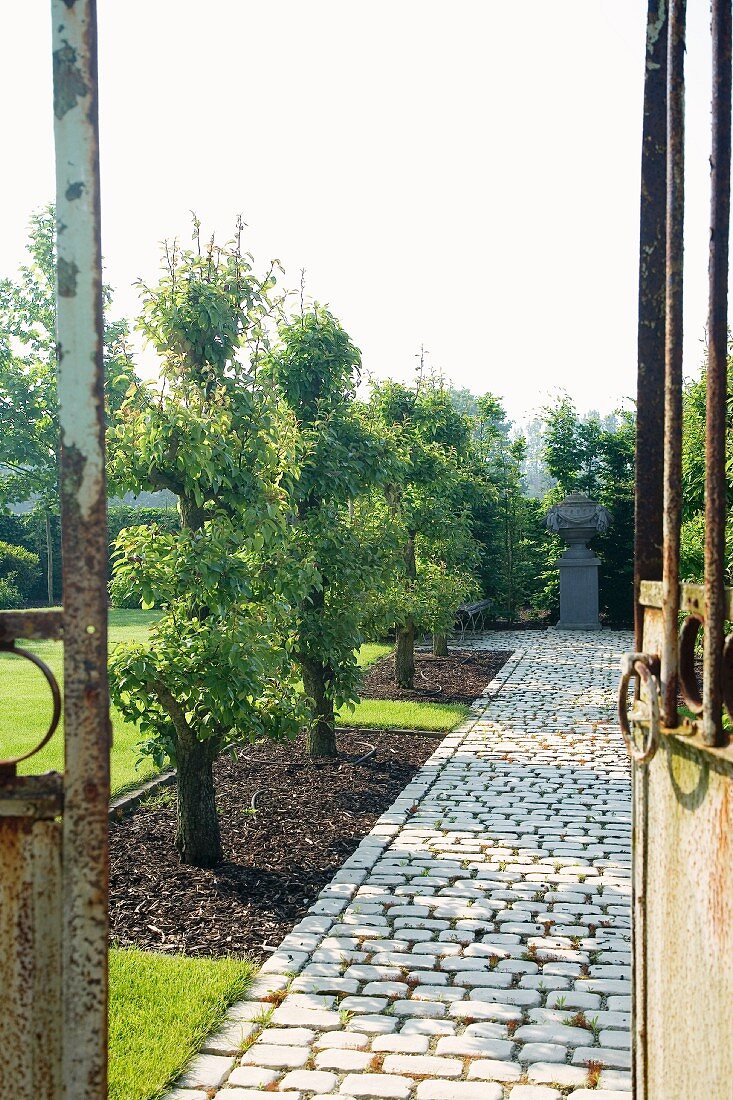 Gepflasterter Gartenweg flankiert von gepflegten Beeten mit Obstbäumen; im Vordergrund ein rostiges Gartentor