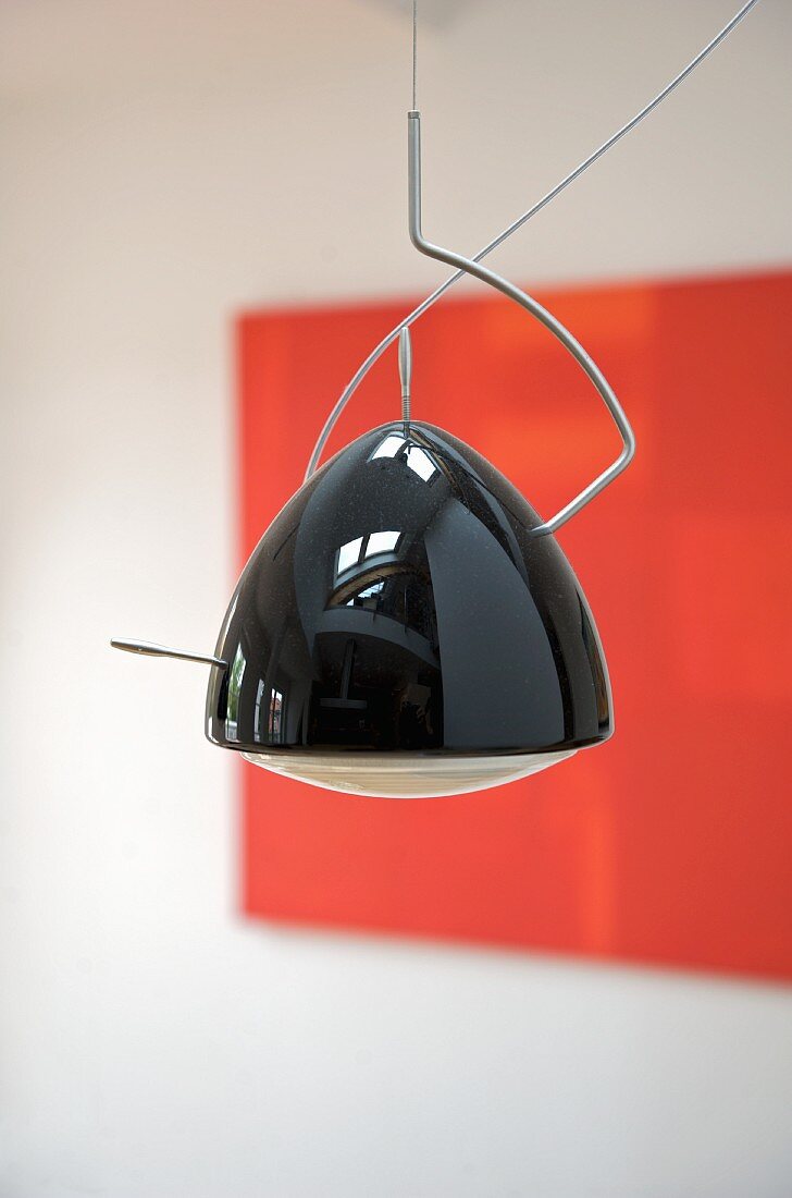 Modern pendant lamp with black glossy casing and modern picture in background