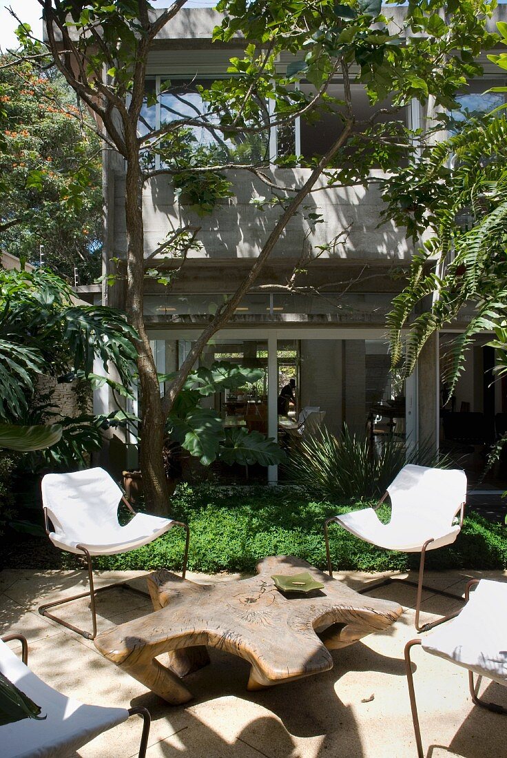 Segeltuchbespannte Stühle und sternförmiger Baumstammtisch auf der südländischer Terrasse eines verglasten Wohnhauses