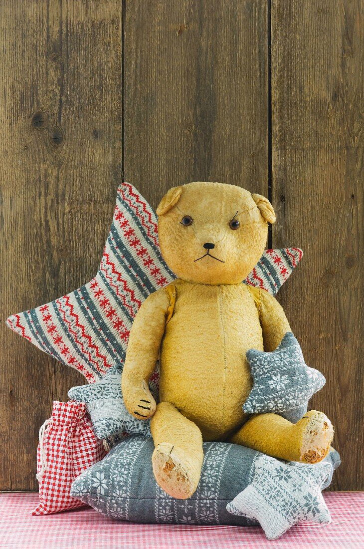 Teddy bear, scatter cushions and fabric Christmas tree decorations