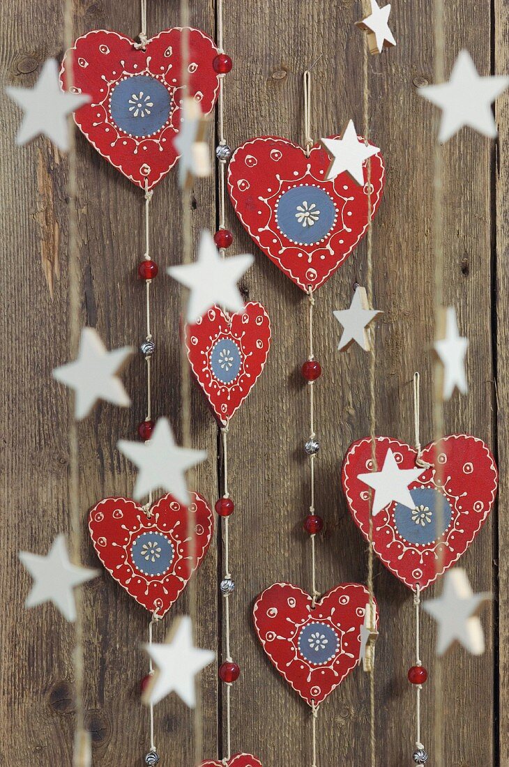 Christmas decorations; strings of hearts and stars