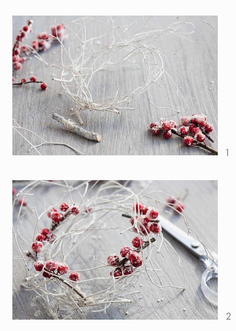 A wreath being made using birch twigs that have been sprayed white and holly berries