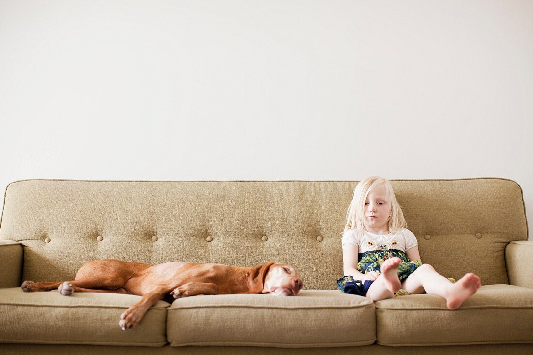 Girl (4-5 years) on couch with dog