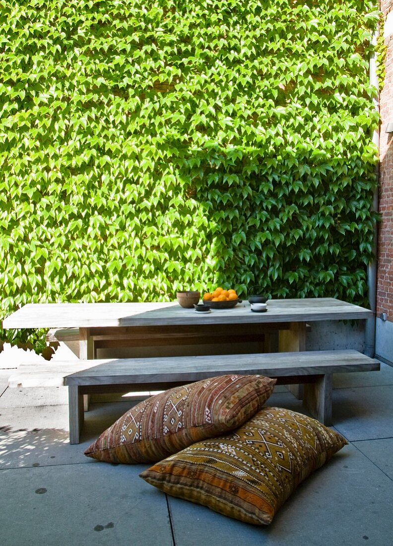 Ethnic cushions on floor in front of rustic wooden bench and table in sunny courtyard with creeper-covered wall