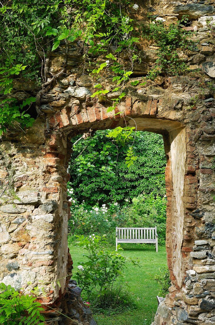 Old, climber-covered monastery wall with doorway leading into romantic garden with weathered garden bench
