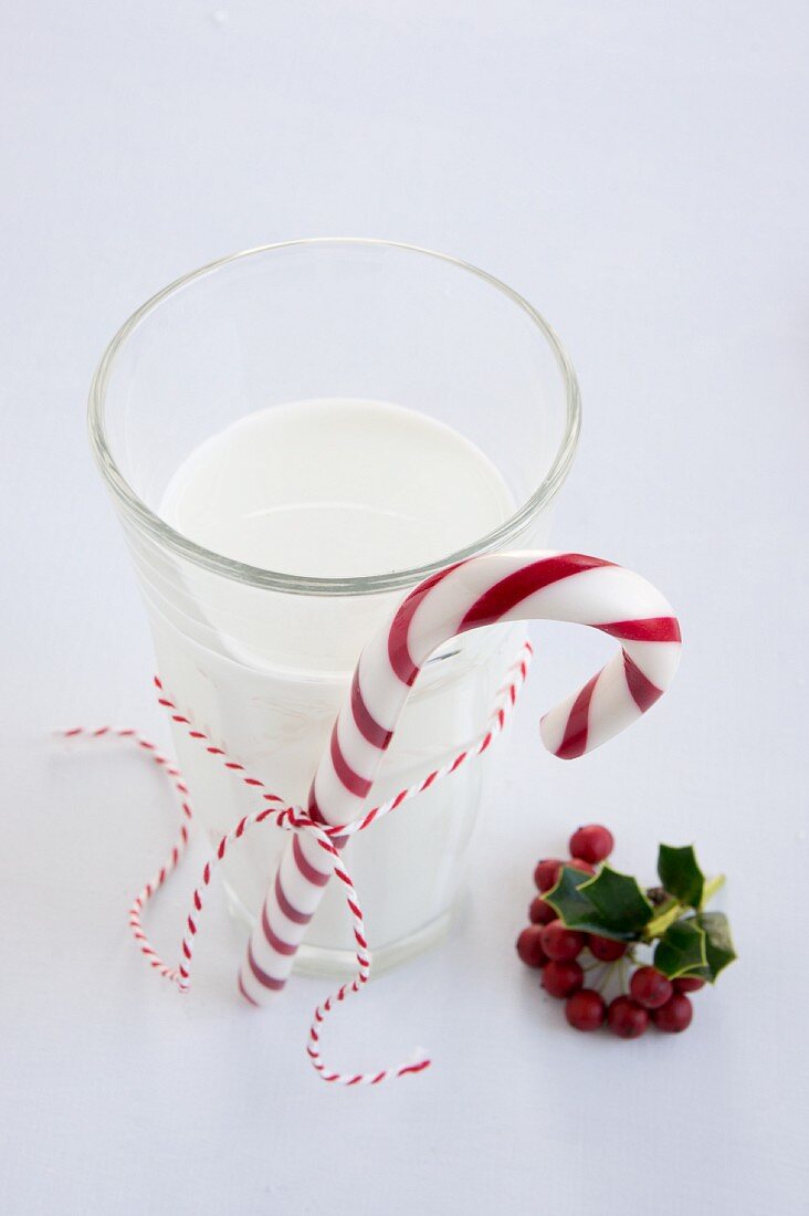 Ein Glas Milch mit Zuckerstange, daneben Ilexbeeren
