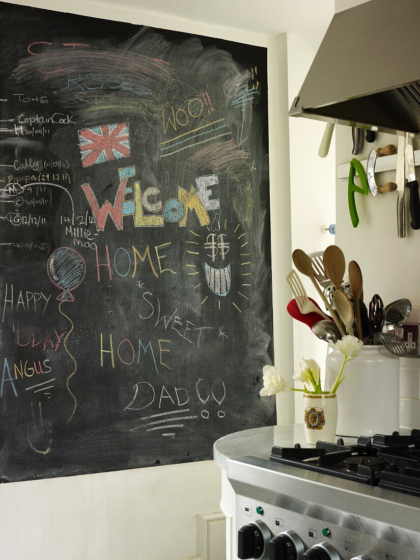 Blackboard covered with writing and kitchen utensils next to hob in kitchen