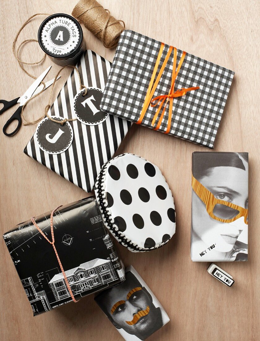 Wrapping tips for presents; black and white gift wrap in spotted, striped and houndstooth patterns