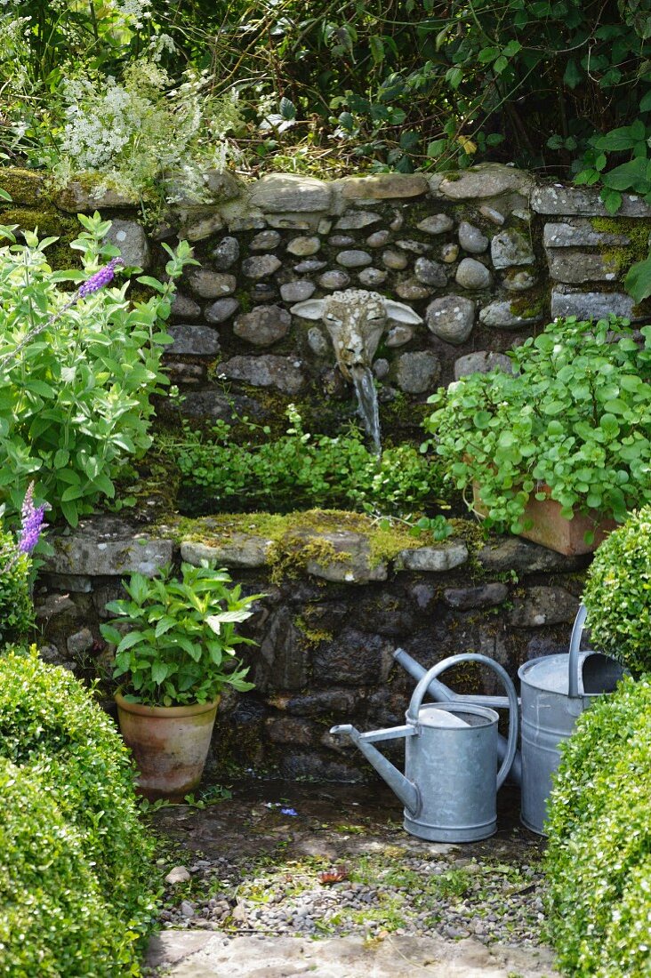 Brunnen aus Naturstein mit wasserspeiendem Schafskopf aus Stein; davor Zinkgiesskannen