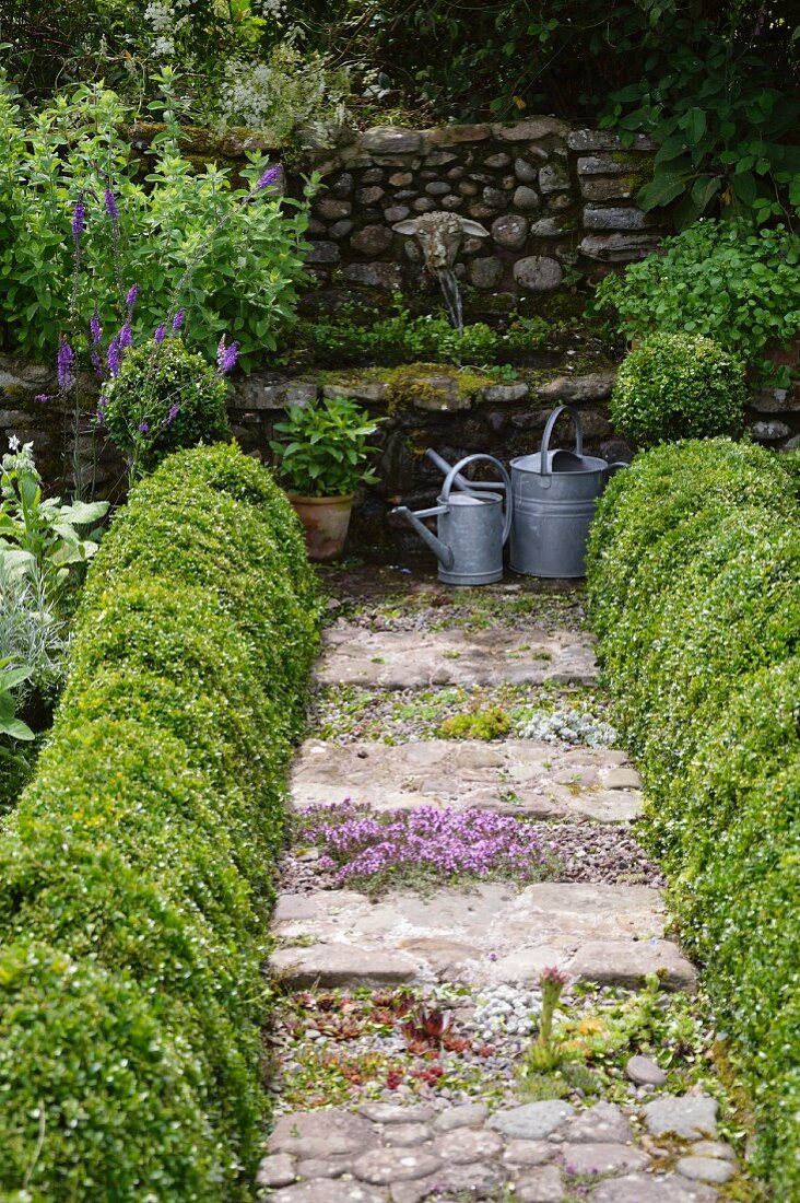Rustic garden with topiary box hedges lining path and stone-walled fountain