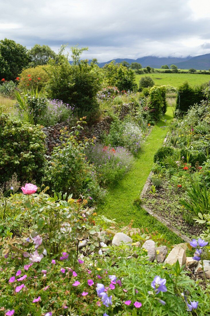 Sunny cottage garden with view of landscape
