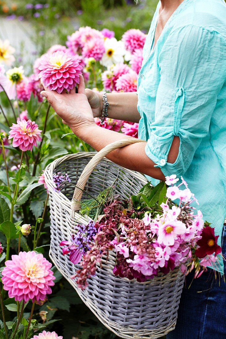 Frau sammelt Gartenblumen im Korb